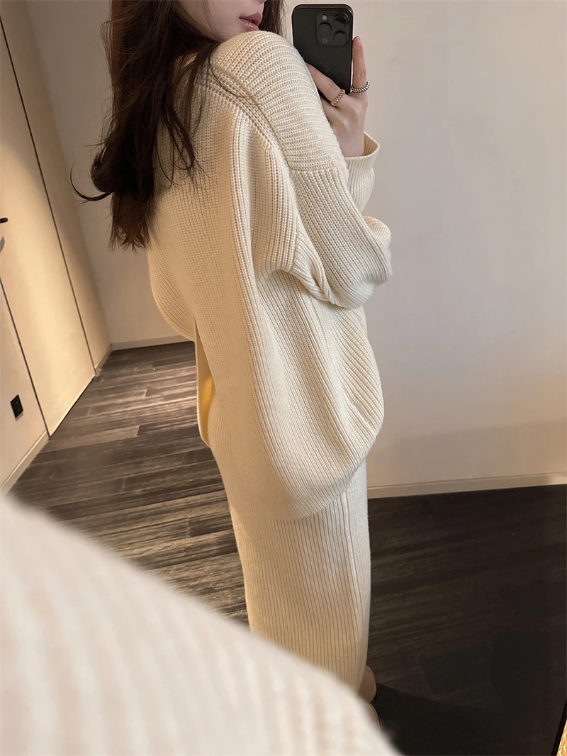 Women Autumn Winter New Two Pieces Set Casual Loose Soft Pullover Sweater Tracksuit High Waist Knitted Skirt Women Clothing N126