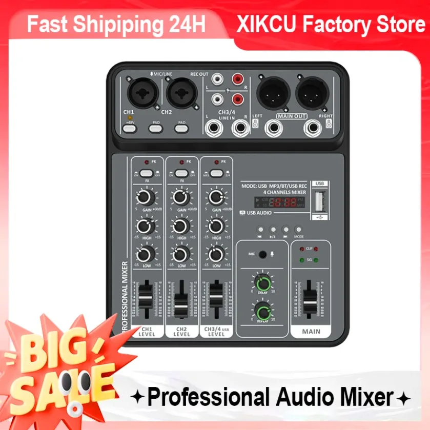 

4-канальный аудиомикшер, профессиональный аудиомикшер, фантомное питание 48 В, USB-студийные звуковые микшеры, Bluetooth DJ, консольный микшер для караоке