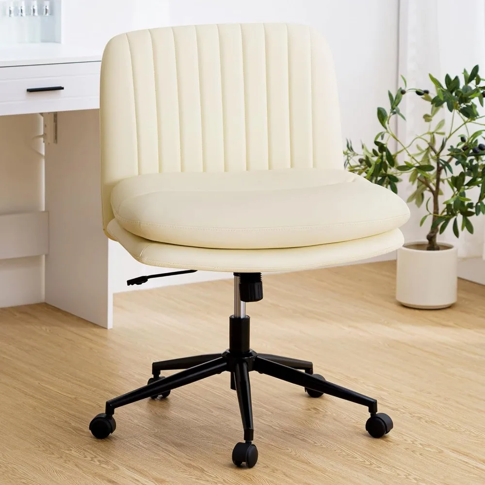 Criss Cross Chair with Wheels Leather Home Office Chair Ergonomic for Women Armless cChair for Desk Cream