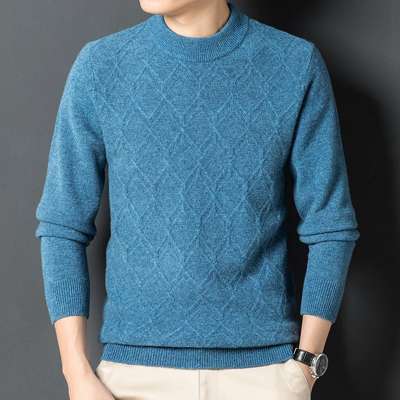 

padded 200% long pure wool sleeve men's high-end warm pullover knitted round neck sweater.