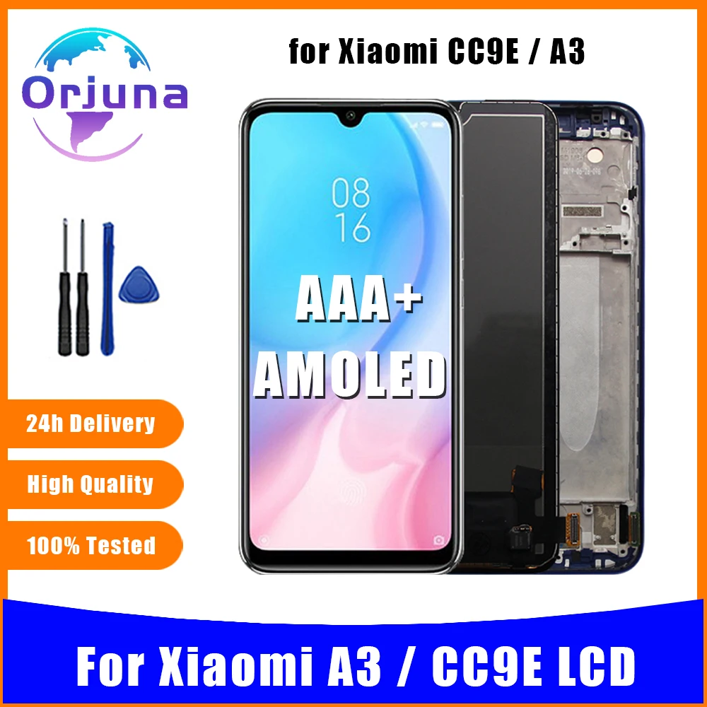AMOLED-дисплей Orjuna для Xiaomi A3/CC9E с дигитайзером сенсорного экрана, черная, синяя, серебряная рамка
