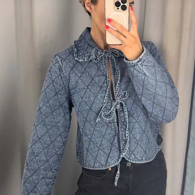 

YENKYE Denim Quilted Jacket For Women 2025 Autumn Front Lace Up Peter Pan Collar Long Sleeve Short Coat Chic Lady Autumn Outfits