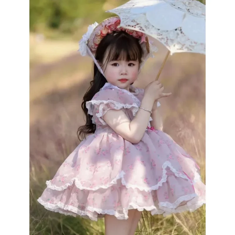 Lolita Ball Gown Dresses for Girls Princess Kids Princess Pink Infant Flora Dress Children Design Print Clothes for Photograph