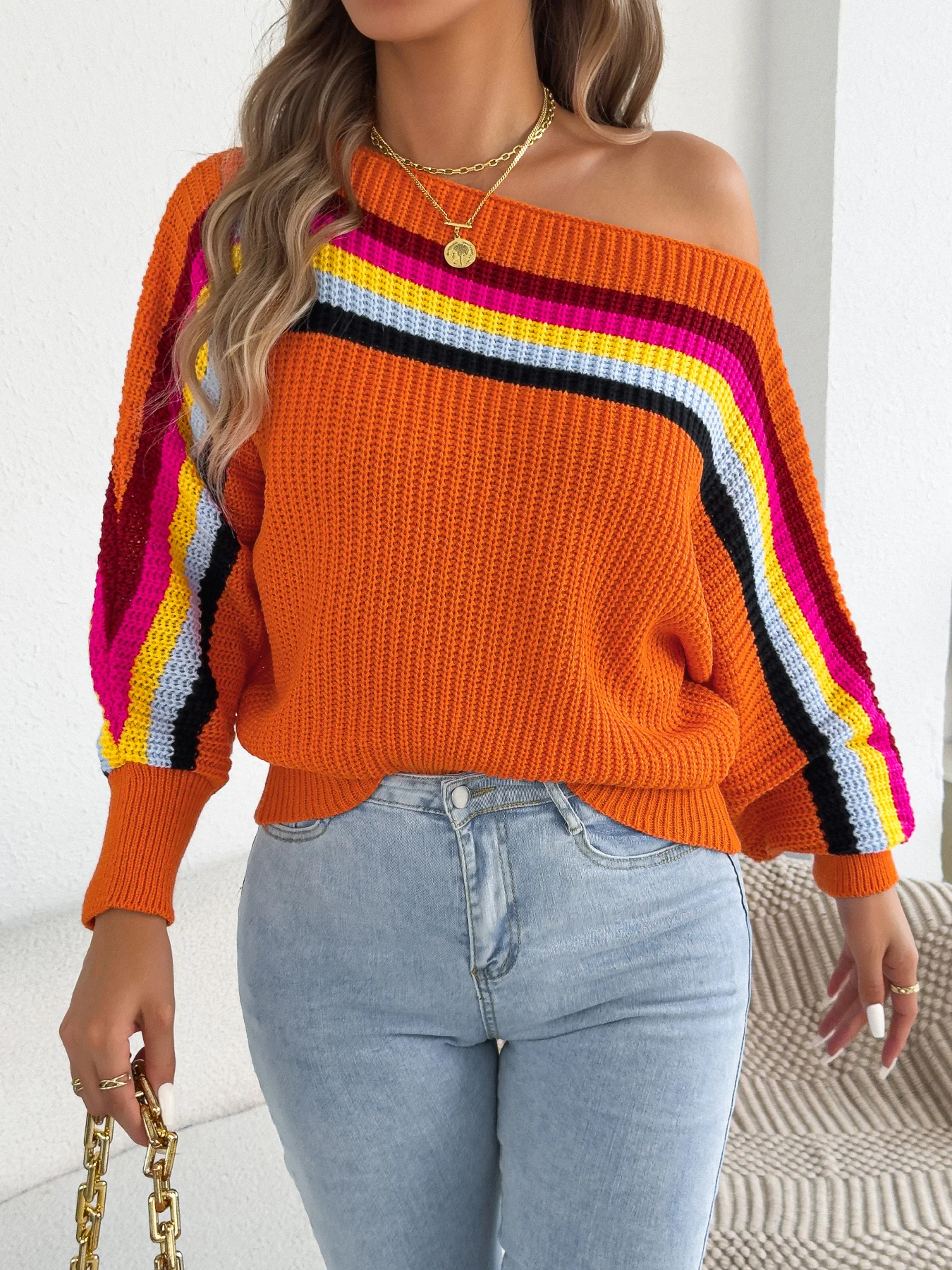

Women Rainbow Color Block Striped Pullover Sweater Round Neck Long Sleeve Fall Winter Getaway Knit Tops