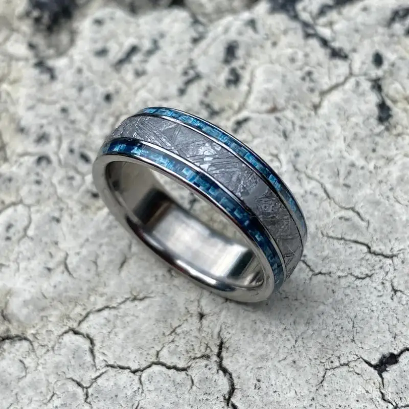 Fashionable New Men's Double Blue Carbon Fiber Meteorite Ring Punk Party Ring Accessory