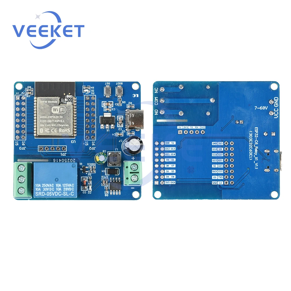 DC5-60V Type-C 5V ESP32-C6 WiFi Bluetooth 1 Channel Relay Module ESP32-C6 Development Board