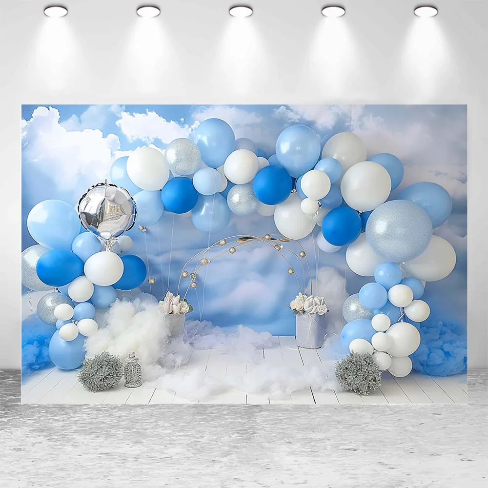 Mocsicka Blue Sky White Clouds Backdrop Blue And White Arched Balloons Boy 1st Birthday Cake Smash Photography Backgrounds Props