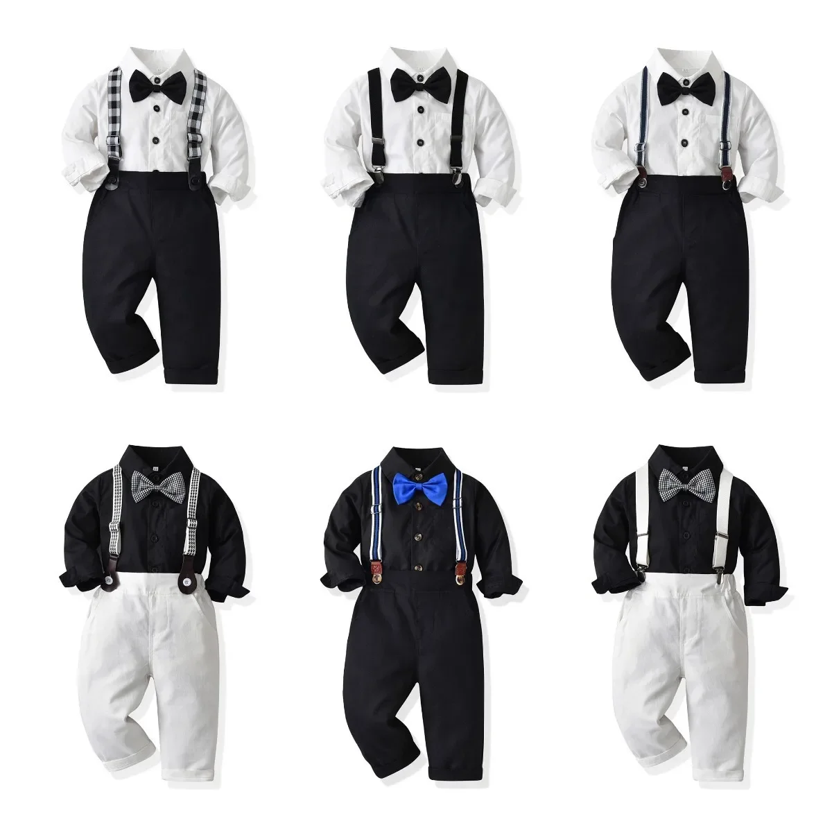 

70-130cm Boy's Shirt-pant Set Black And White 2024 Autumn New Cotton Long-sleeved Shirt,Strap Pants Boy's Autumn Clothing