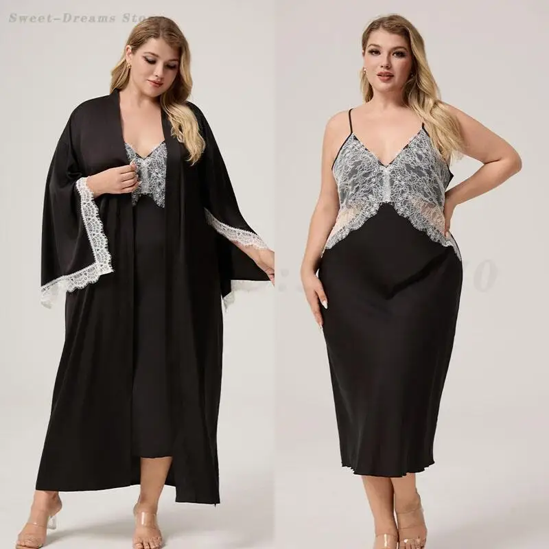 

Plus Size 5XL Nighty&Robe Set Sexy Patchwork Lace Sleepwear Long Suspender Nightdress Satin Chiffon Bathrobe Kimono Home Wear