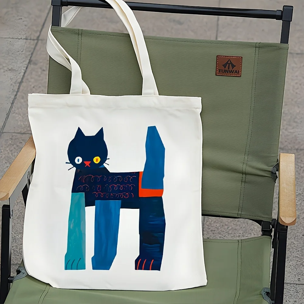 Blue and Black Color Block Cat Illustration Canvas Tote Bag, Large Capacity Multi-Functional Shoulder Bag, Suitable for Shopping