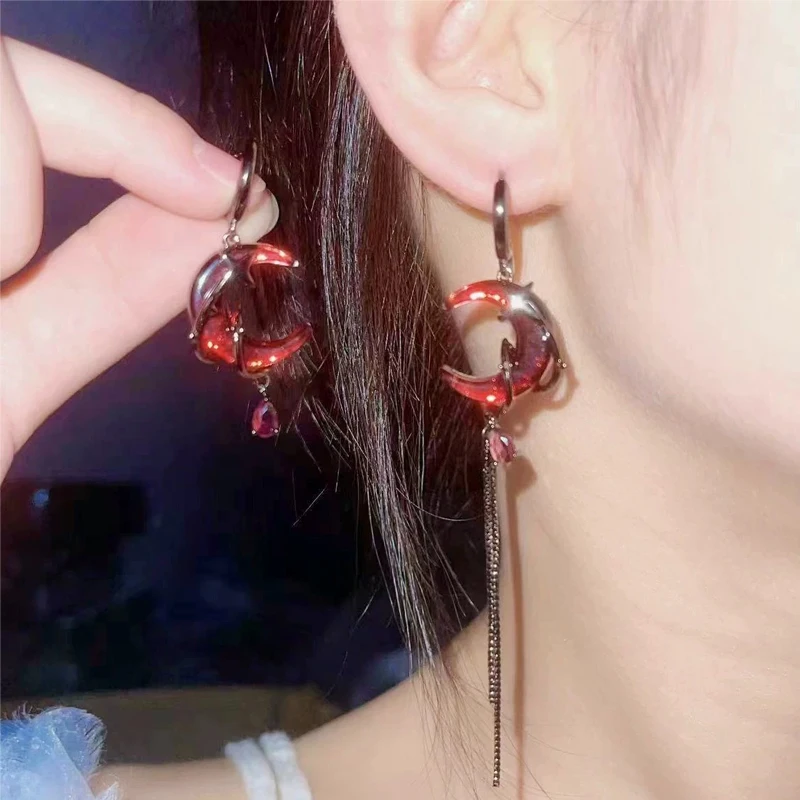 Y2K Jewelry Water Drop Moon Star Drop Earrings Korean Fashion Vintage Earrings Women Accessories Gothic Red Moon Chain Earrings