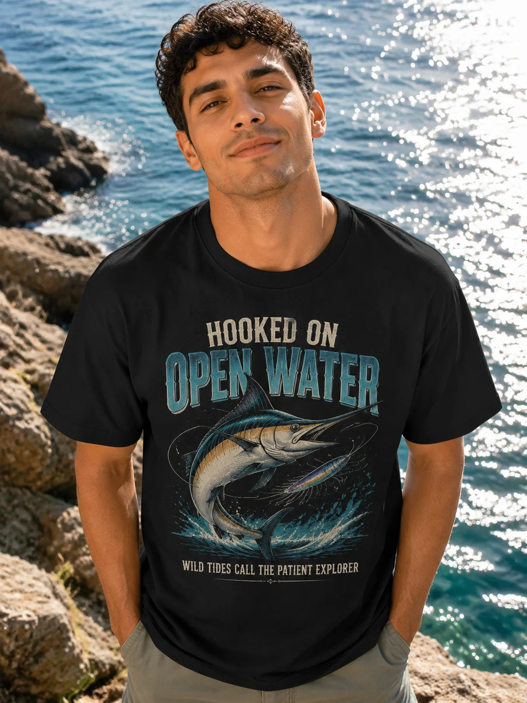 

Men Graphic T Shirt Short Sleeve Loose 50% Cotton 50% Polyester Stretch Fabric Marlin Open Water Fishing Print Casual Summer