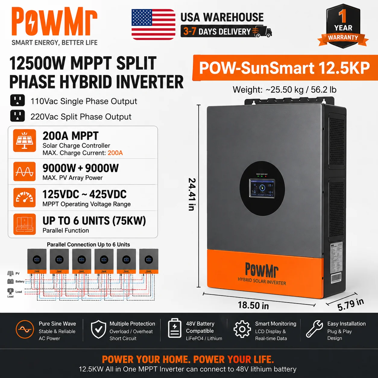 PowMr 12.5KW 48V Hybrid Solar Inverter Split Phase 110/220V Output With Pure Sine Wave Dual MPPT 200A Charge Charger Max PV 125-500VDC 18000W Input Can Parallel 6 Unit Off Grid UPS Support Lithium Lead Acid Battery for US Home Backup Power