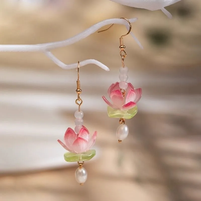 Unique Lotus Flower Drop Earrings Women Elegant Pink Lotus Earrings Chinese Style Statement Jewelry Wholesale Custom Packaging view 4
