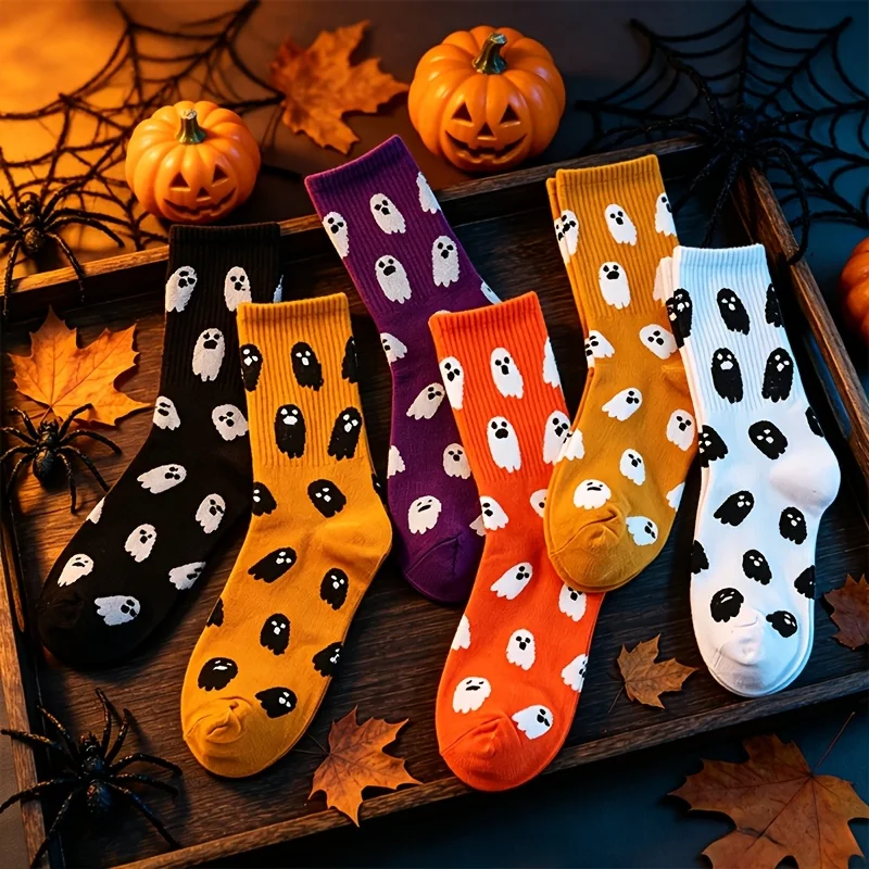 4 Pairs Random Halloween Ghost Socks-Cute Spooky Prints,Unisex Crew Soft&Cozy Holiday Socks for Couples, Casual Fall Winter Wear