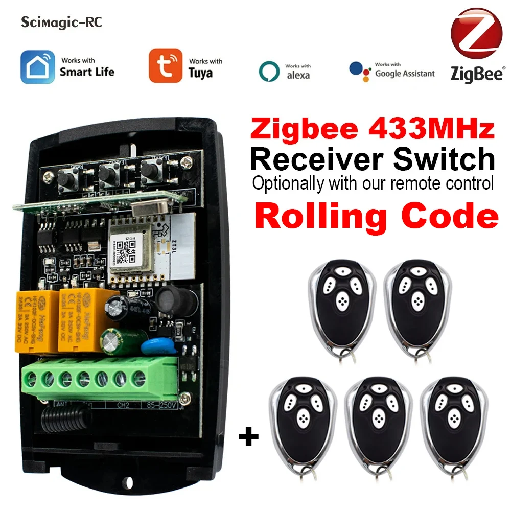 

Zigbee Tuya Smart Door Switch Universal 433.92mhz Garage Remote Control Receiver 2CH Gate Opener with Rolling Code Transmitter