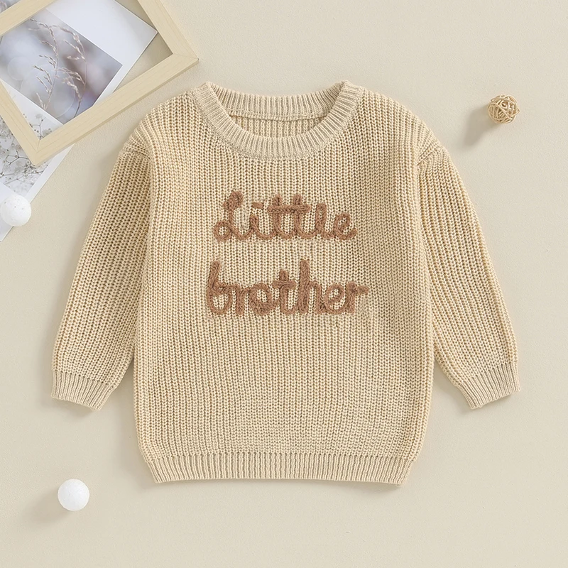 Toddler Baby Boy Knit Sweater Brother Matching Little Kid Long Sleeve Crewneck Pullover Fall Winter Jumper Tops