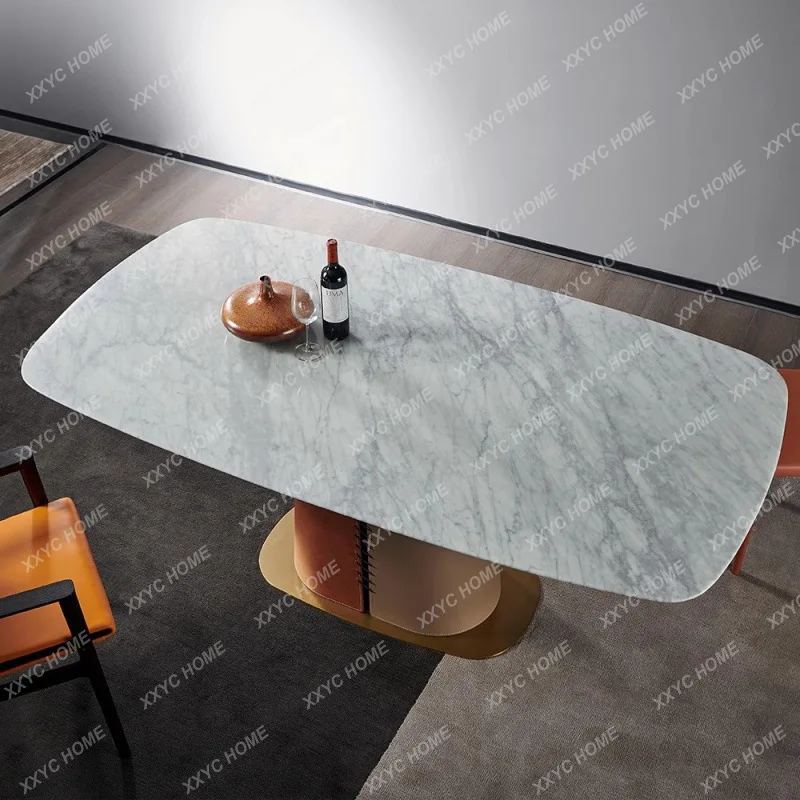 Natural marble dining table luxury stone rectangular dining table modern light luxury saddle leather villa mansion dining table