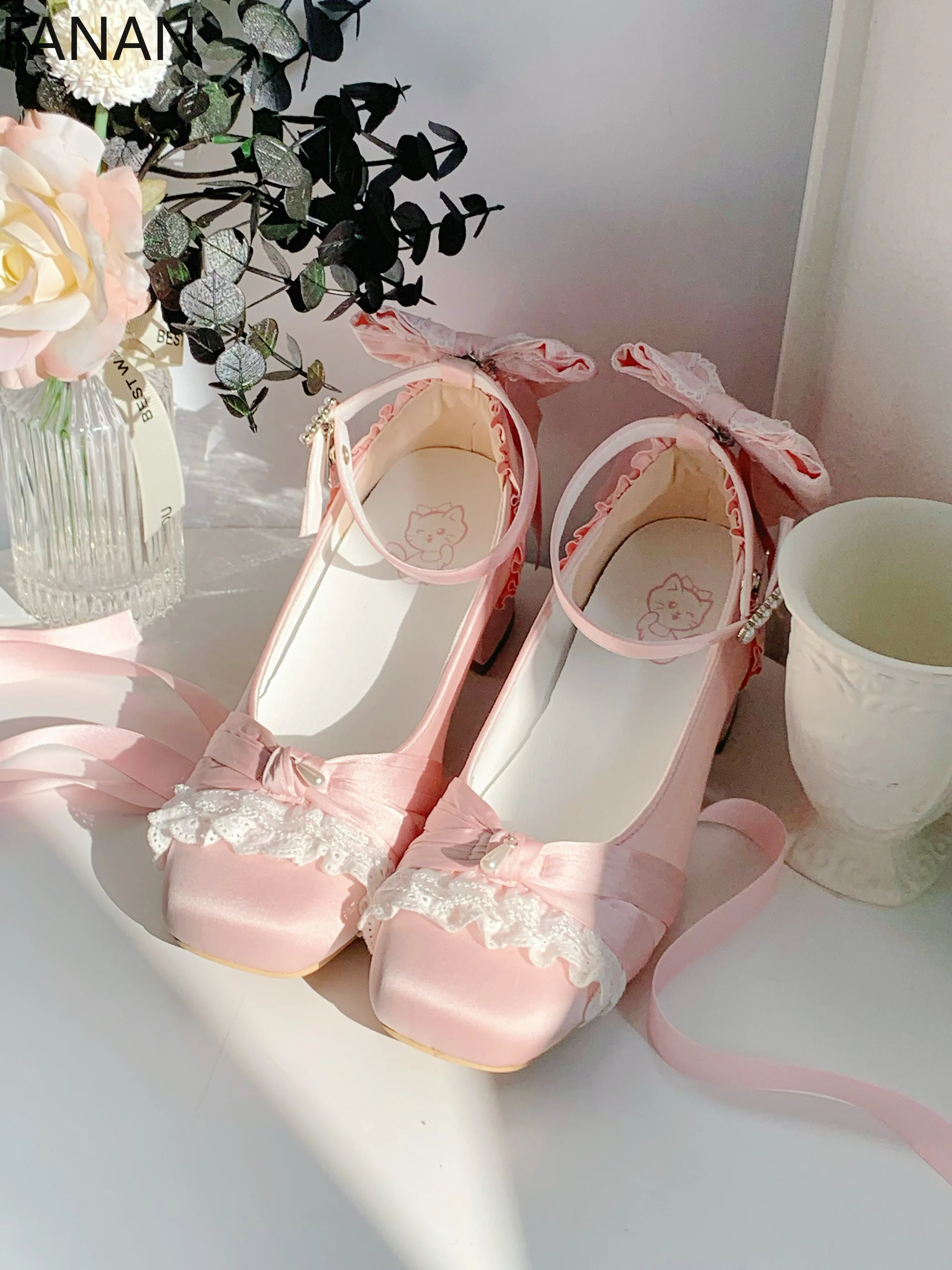Pink Lolita Women's Shoes Ballet Thick Heel High Heels Mary Jane Shoes Satin Elegant Platform Waterproof Pumps Original