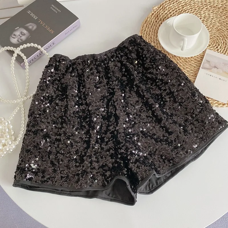 شورت نسائي لامع مزين بالترتر ، خصر مرتفع ، ساق واسعة أنيقة ، نحيف ، بنطلون عالي في الشارع ، أحادي اللون ، كاجوال ، صيفي ، ساخن ، جديد