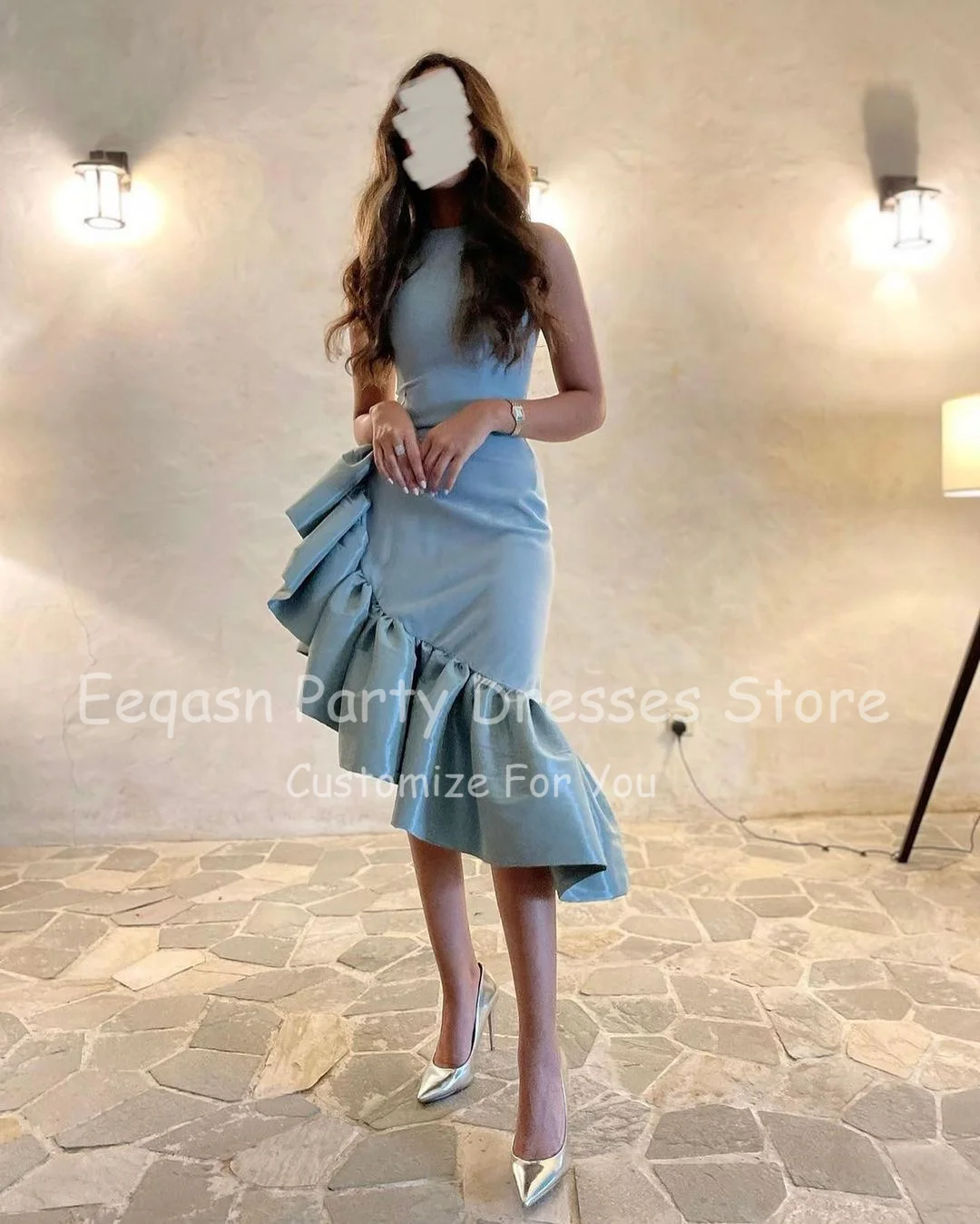 Eeqasn-Vestidos de Noche Midi asimétricos para mujer, traje de fiesta Formal, con volantes, color azul, 2022