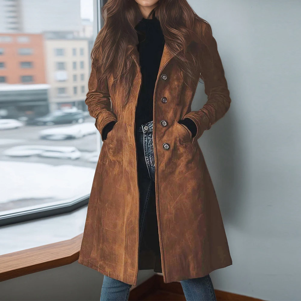 Elegant Suede Long Trench Women Coat Vintage Pocket Single Breasted Long Sleeve Outerwear Windbreaker Fall Outdoor Female Jacket