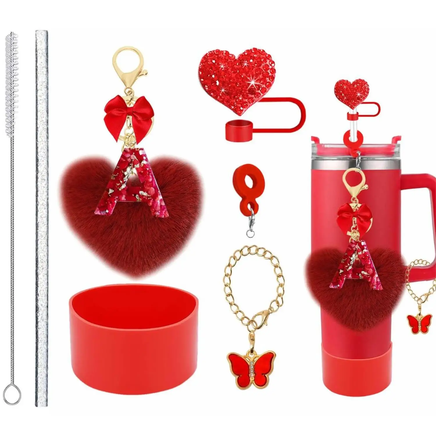 For Stanley Heart Straw Topper with Letter Pom-pom Keychain Bow Charms And Cup Sleeve - Cross-border New Arrival