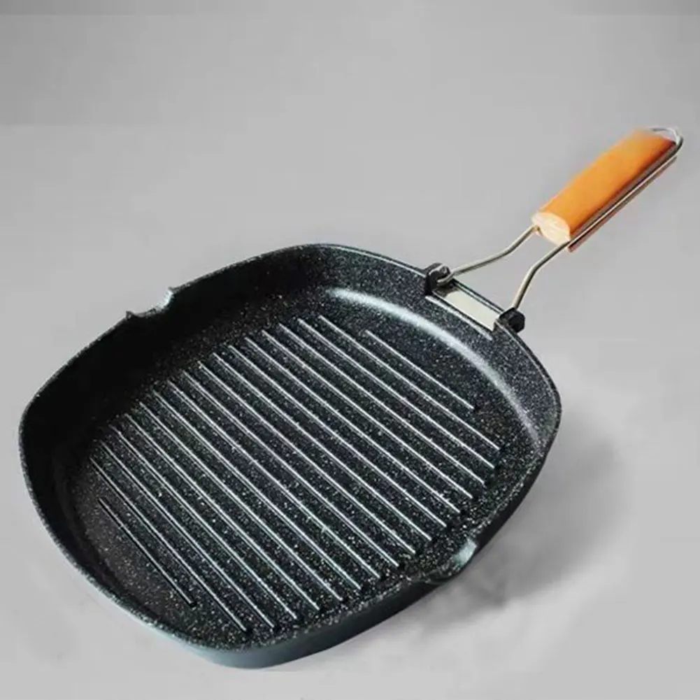 

Nonstick Steak Pan Foldable Wooden Handle Grill Skillet Steak Frying Pan for Meat Fish and Vegetables