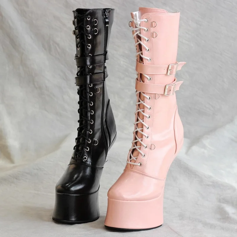 18cm/7 inch Hoof Heel Women Ballet Boots,Fetish Platform Booties,Men Cosplay Shoes,Wrist  BUckles Strap Botas,Custom Colors,Pink