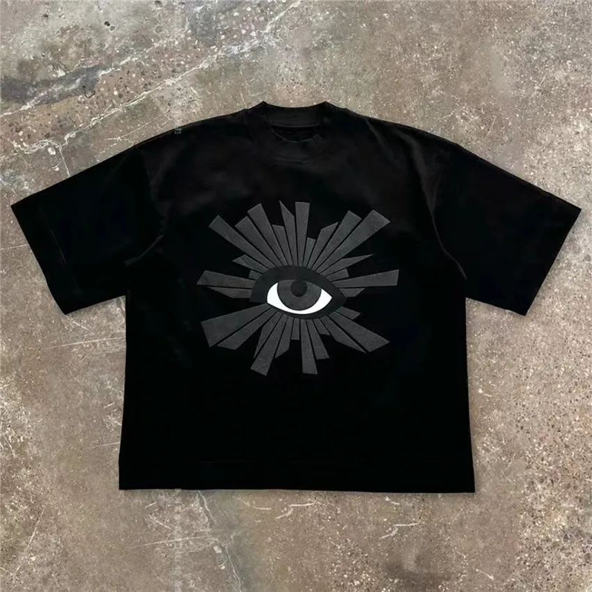 Oversize 2024SS Puff Print House Of Errors Eye Logo Tee Men Women T-shirt High Street Vintage Black Short Sleeve Cotton Tops