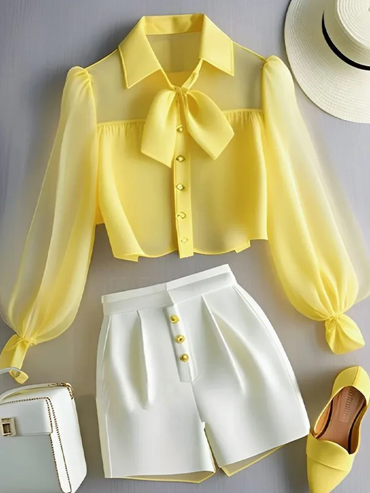 

2024 Chiffon Yellow Lapel Neck Perspective Top OL Shirt White Casual Pants Sets 2 Piece Womens Outfits Spring Summer Suit Blouse