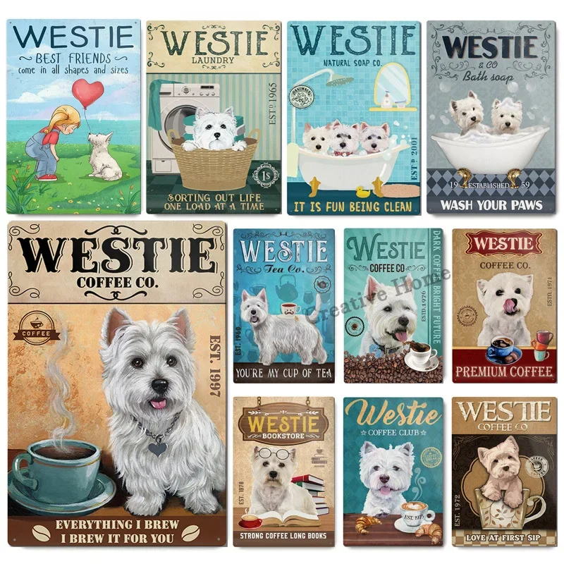 Westie White Terrier Dog Metal Sign &Co. Bath Soap Wash Your Paws Vintage Plaque Poster Tin Sign Wall Decor Metal Decoration