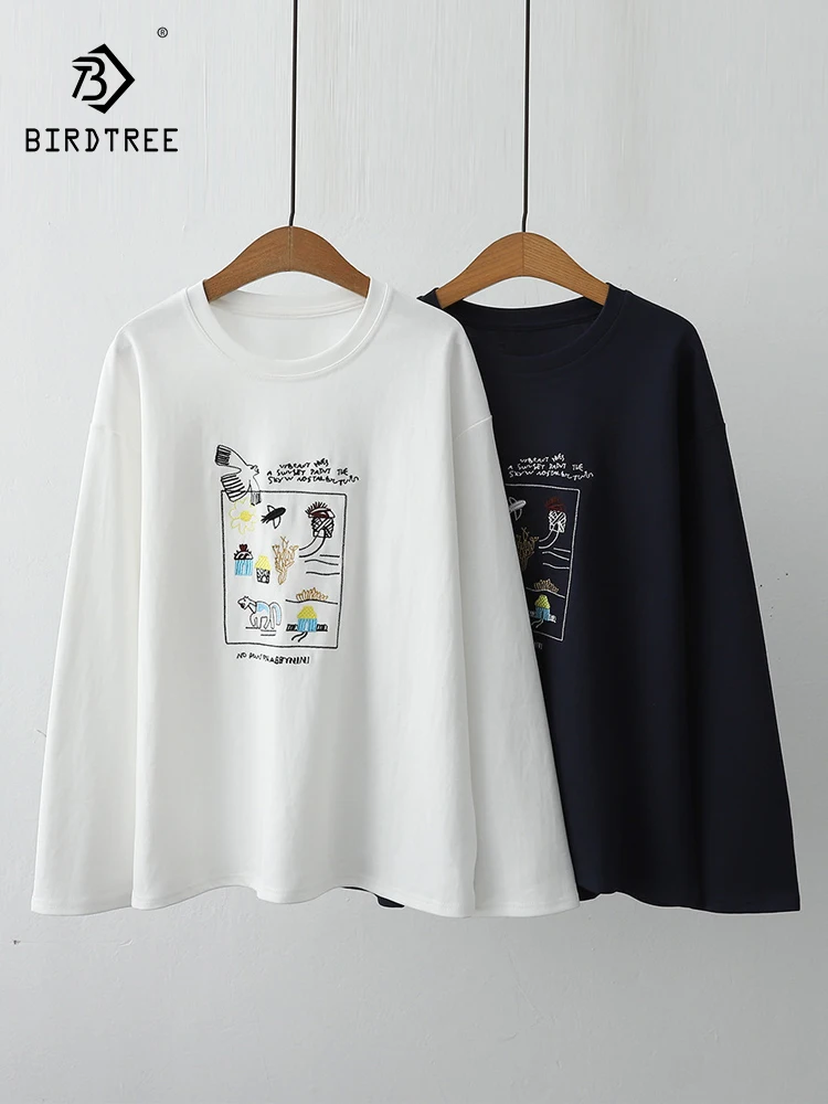 

Новая осенняя хлопковая футболка с длинным рукавом 2025, женская футболка с круглым вырезом и мультяшной вышивкой, универсальная повседневная свободная футболка Mori Girl INS T59854CC