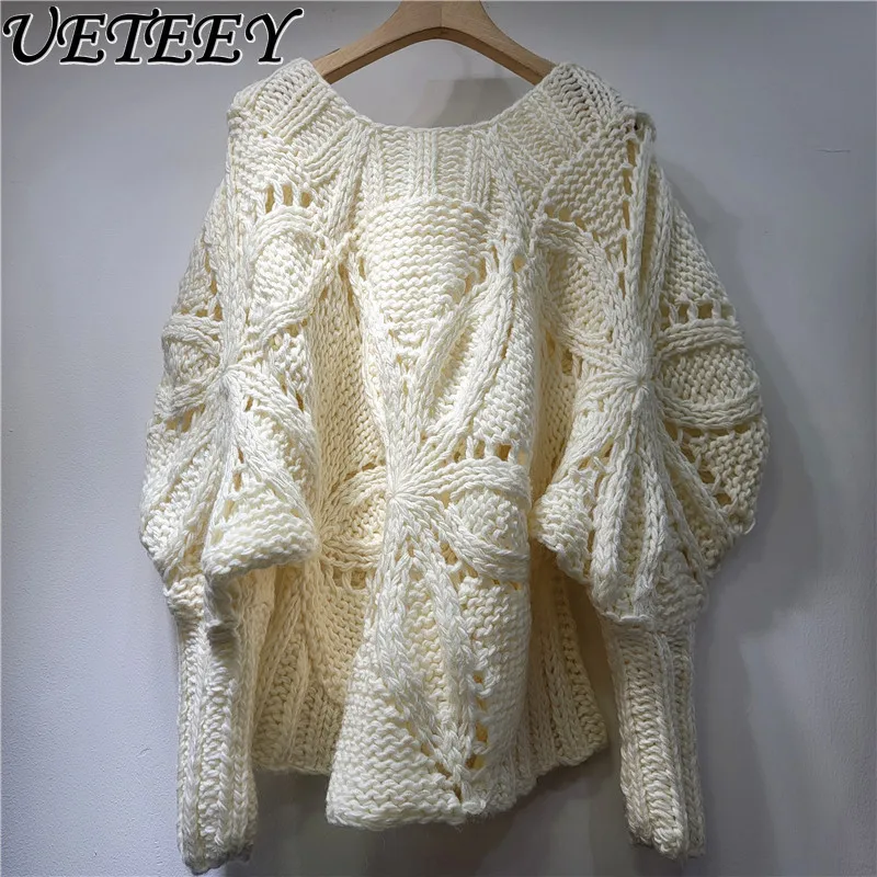 

Flower Handmade Crochet Puff Sleeve Knitted Pullover Women New Winter Thickened Unique Irregular Short Sweater Coat Outerwear