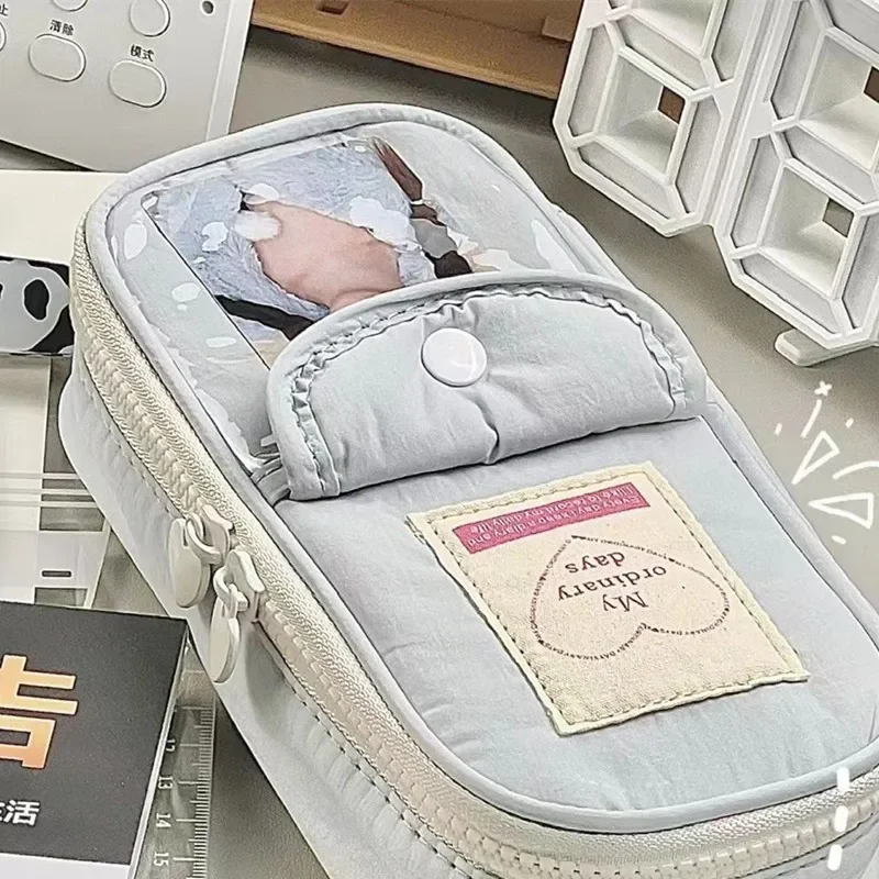 Cute Japanese Ins Small Fresh Simple Pencil Case Art Retro Large Capacity Girl Pen Bag with Clear Card Pocket Heart Shape Zipper