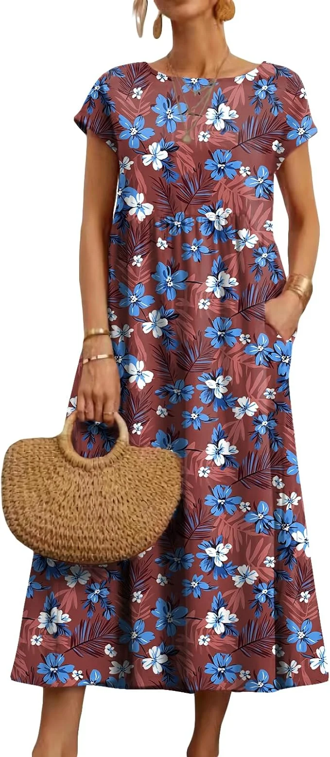 Robe mi-longue à fleurs style Boho pour femmes, vacances d'été, décontractée, fluide, plissée, manches courtes, t-shirt longue avec poches