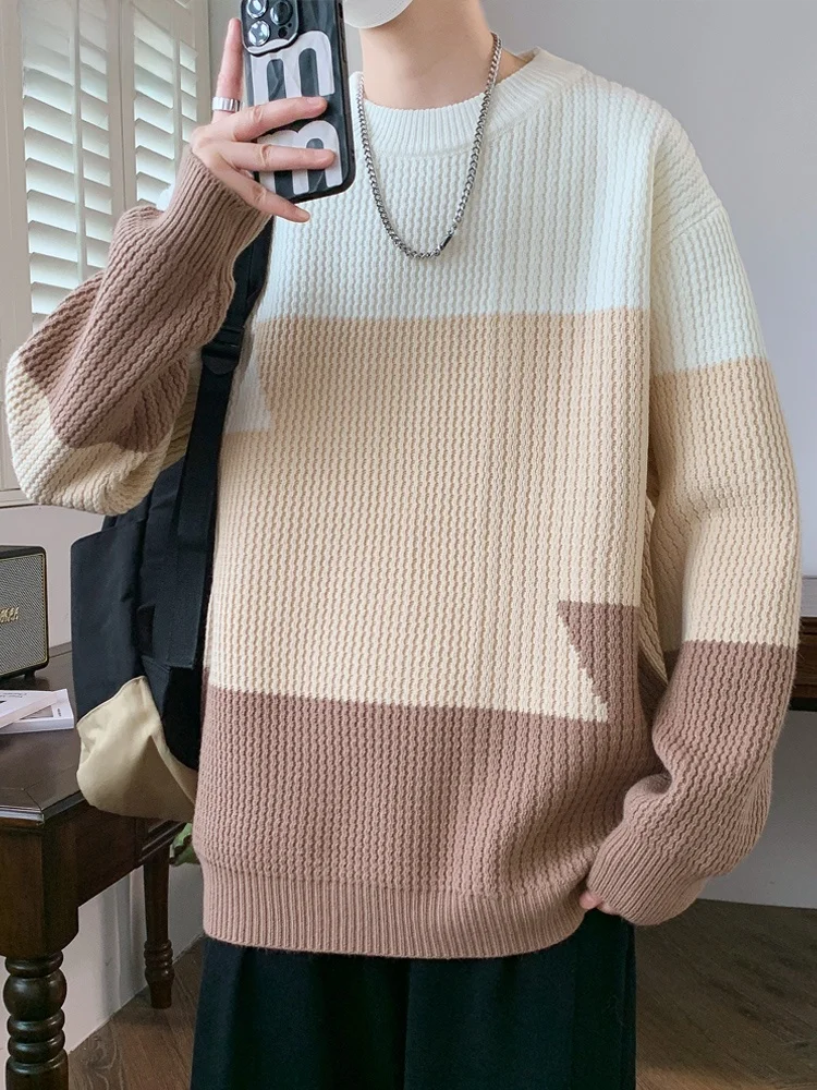 

Мужской трикотажный джемпер свободного кроя в японском стиле с цветовыми блоками, с длинным рукавом, круглым вырезом, удобный, мягкий, осенне-зимний, модный базовый слой