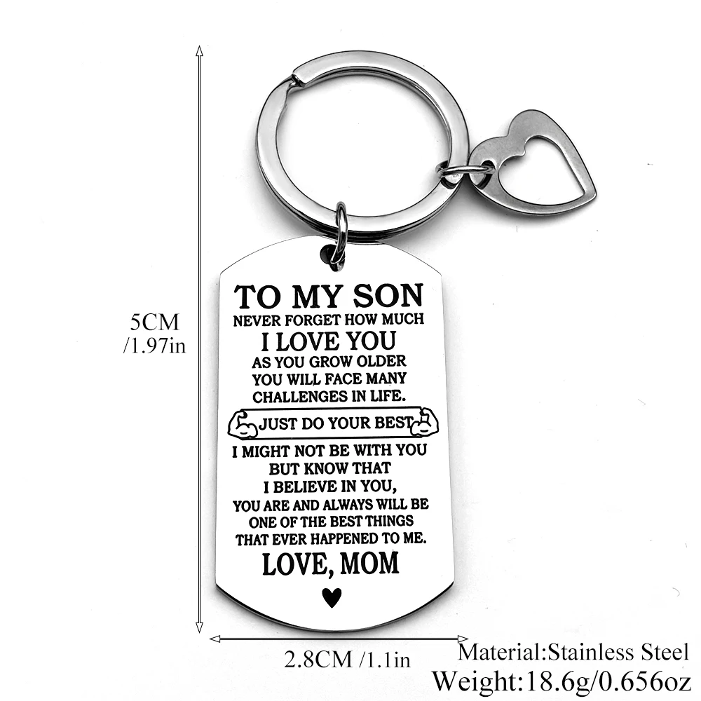 Schlüsselanhänger „An meinen Sohn“ mit Hundemarke, Liebe, Edelstahl, silberfarben, inspirierendes Zitat, Geburtstagsgeschenk für Mama und Sohn, Schmuck – Detail 3