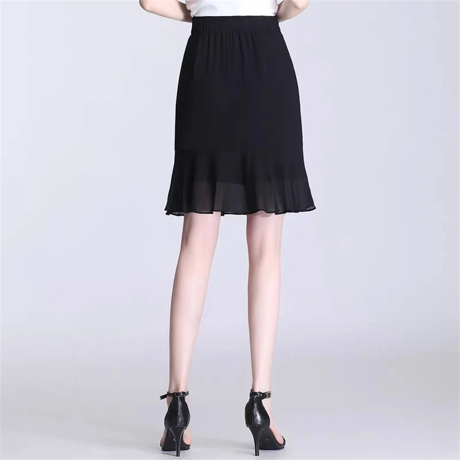 Saia Sereia Elegante de Chiffon para o Verão Feminina, Meia Saia Casual da Moda em Cor Sólida, Tamanhos Grandes