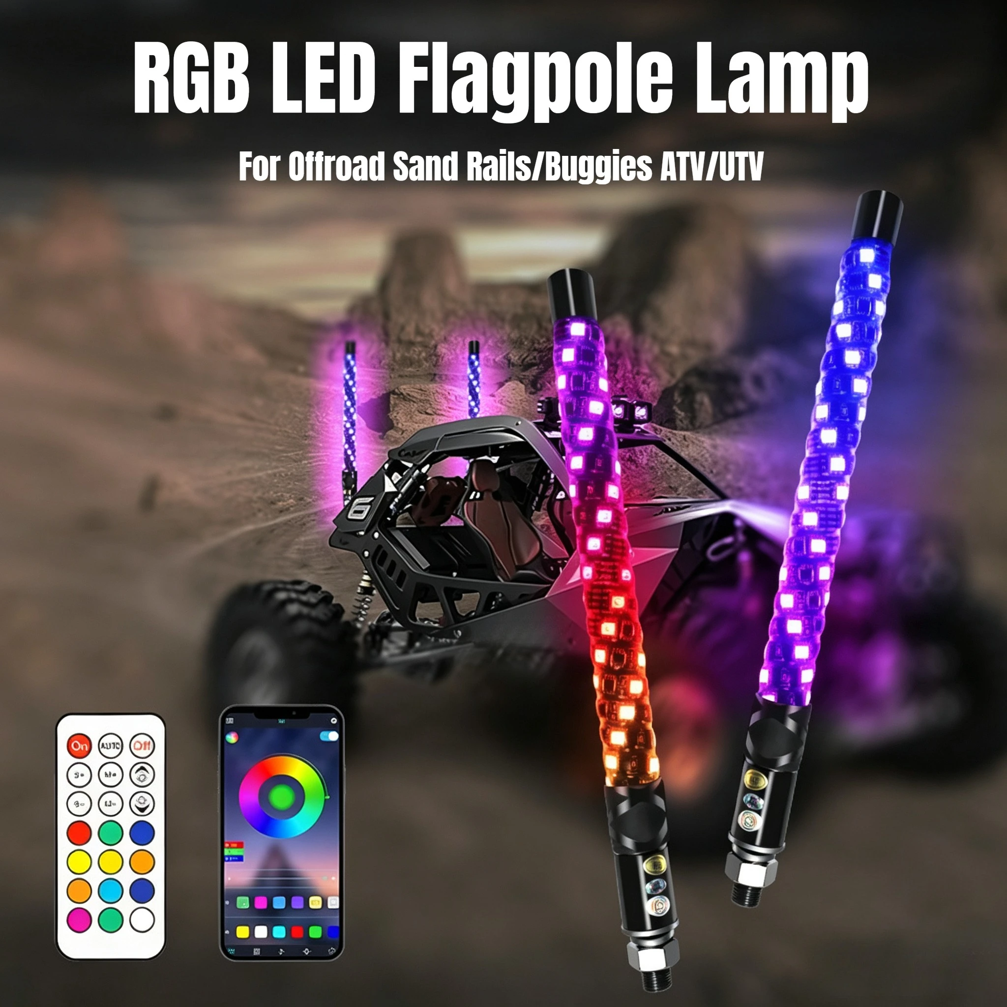 2PCS 3FT/90cm LED Whip Light RGB LED Flagpole Lamp Multicolor Waterproof Buggy Whip 12V