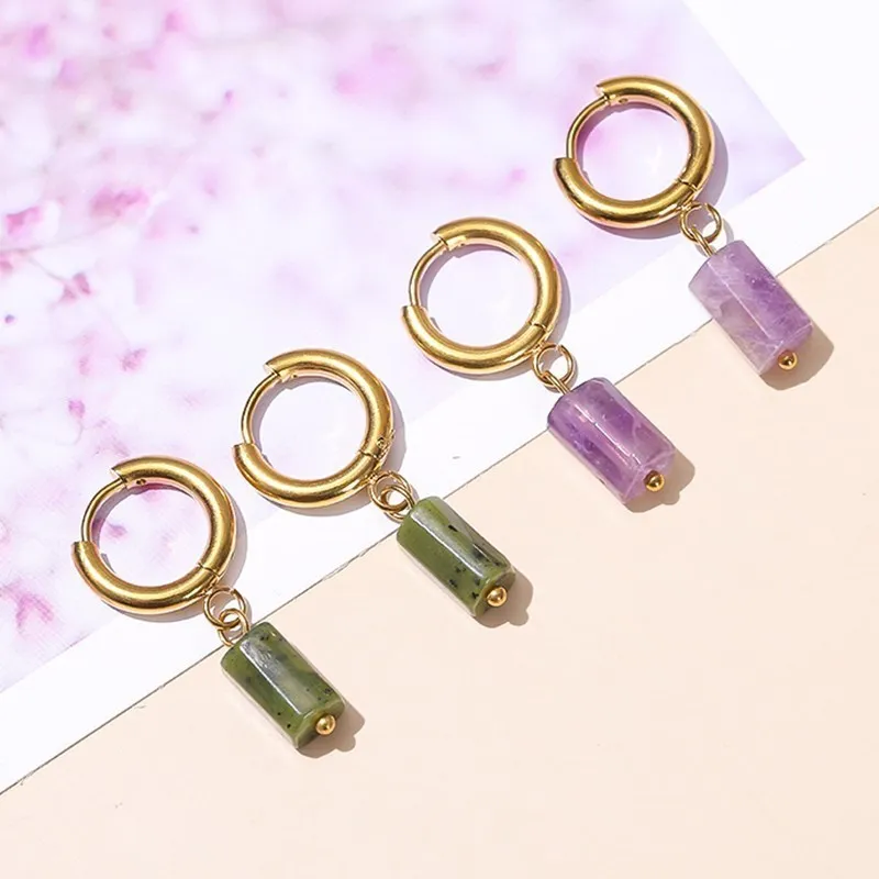 Change Better Natural Aquamarine Cylinder Shape Drop Earrings Women Amethyst Stainless Steel Hoop Dangle Earring Couple Gifts