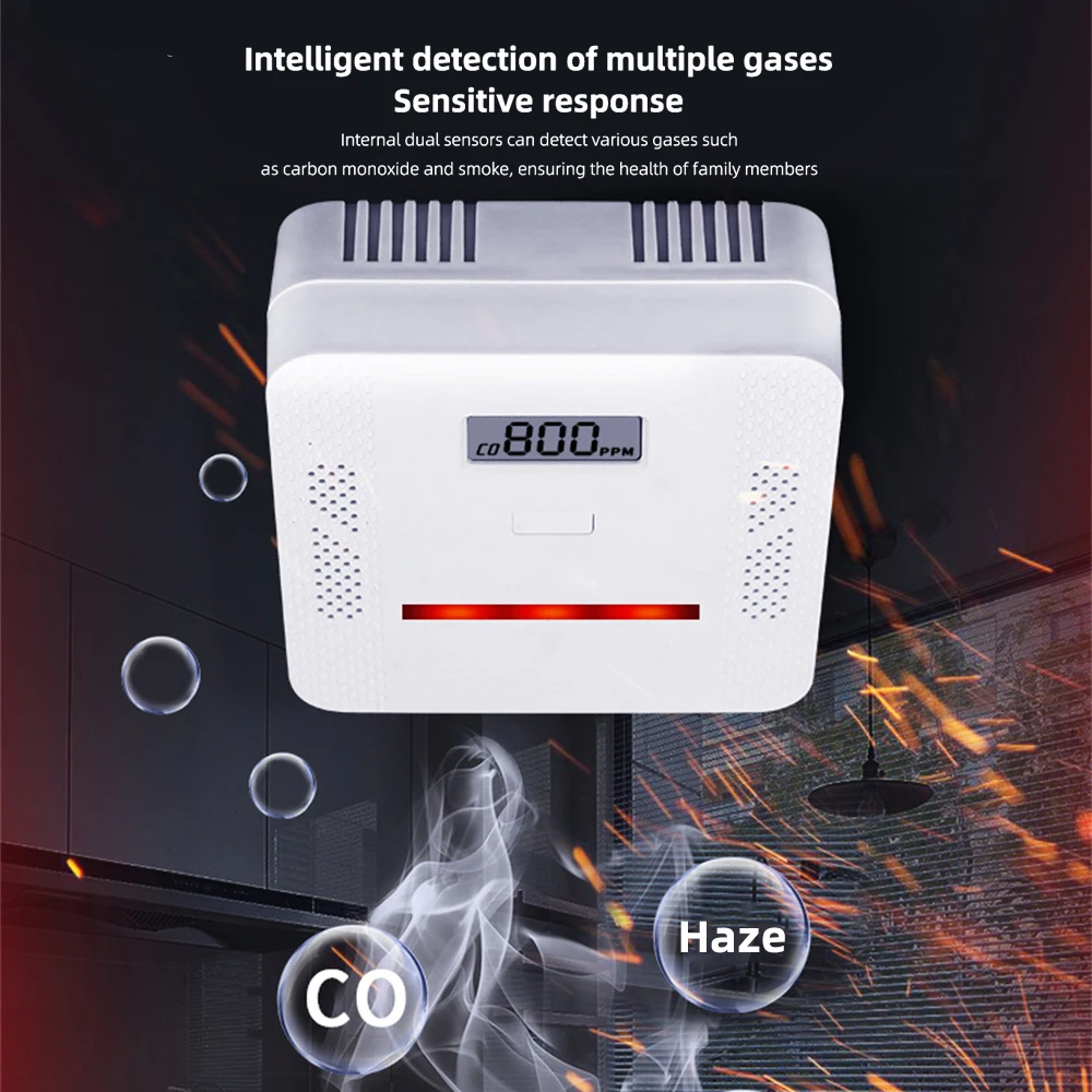 CO Smoke Detector Carbon Monoxide Detector High Sensitivity 90DB Sound And Light Alarm LCD Screen Fault Self Check Fire Alarm