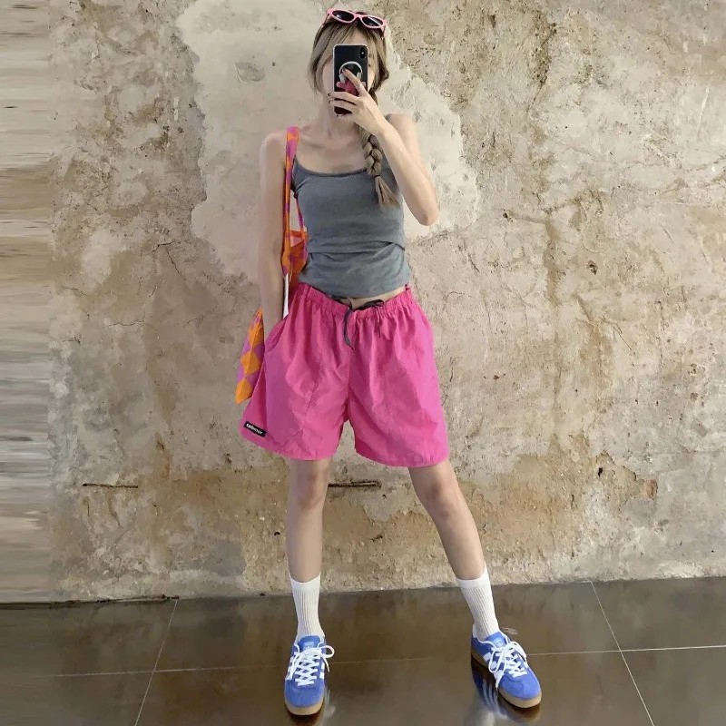 

Повседневные быстросохнущие шорты с пятью точками для женщин, летние широкие брюки с высокой талией и завязками в американском стиле ретро, свободные прямые брюки