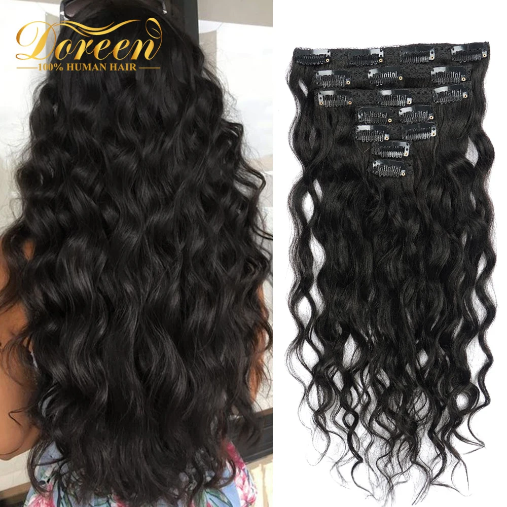 Doreen 120G 140G Real Natuurlijke Krullend Menselijk Haar Clip In Extensions Machine Remy Braziliaanse Haar Golvend Kapsel 7 stks/set Clip Ins