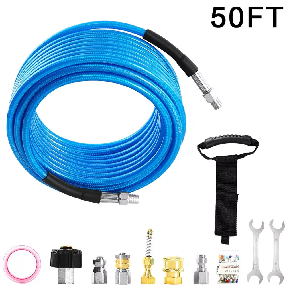 15M High Pressure Cleaning Hose Pipe Sewer Drain Dredge Cleaner Quick Plug Drain Hose 1/4in M-NPT Fitting Household Clean Tools