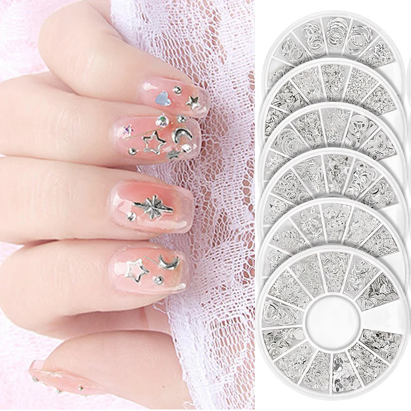 1Box srebrny księżyc gwiazda z metalu nit 3d paznokci Charms metalowe paznokcie biżuteria ze stopu szpilki Manicure zdobienie paznokci dekoracje akcesoria