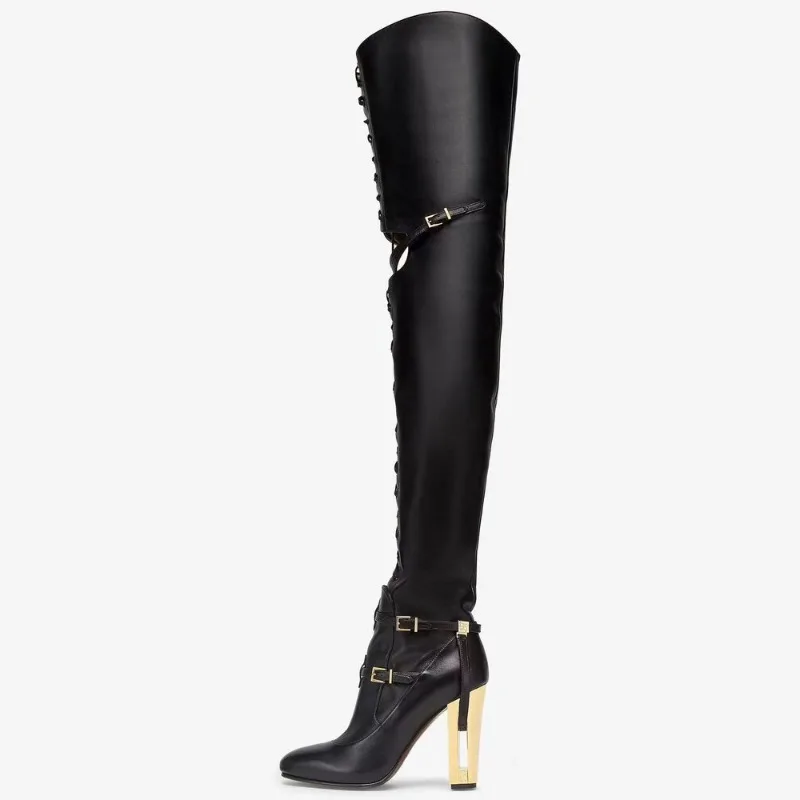 Lace Up Hollow Upper Buckles Black Over Knee Women Boots 10cm Cut Out High Chunky Heel Long Booties Fashion Show Shoes