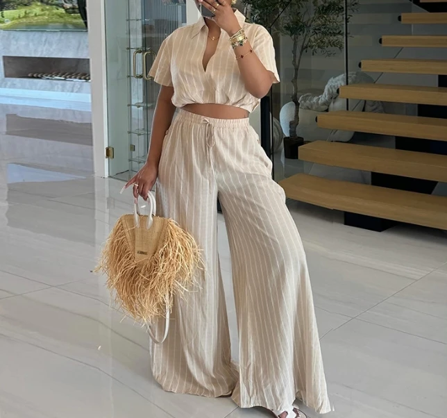 

Women's Fashion Elegant Set 2024 Summer New Striped Short Sleeve Shirt High Waist Drawstring Wide Leg Pants Two Piece Set