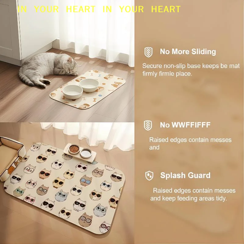 【X】Waterproof Feeding Mat for Cats and Dogs Holds 2 Food Water Bowls Non Slip Base Durable Pet Placemat for Table Kitchen