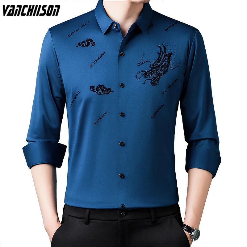 

Men Casual Shirt Tops Long Sleeve for Summer Spring Dragons Turndown Collar Male Fashion Clothing 009222